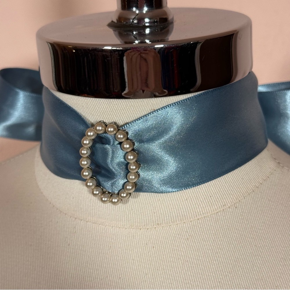Antique Victorian Art deco Pearl Buckle Blue Ribbon wide Choker Necklace - Picture 17 of 17